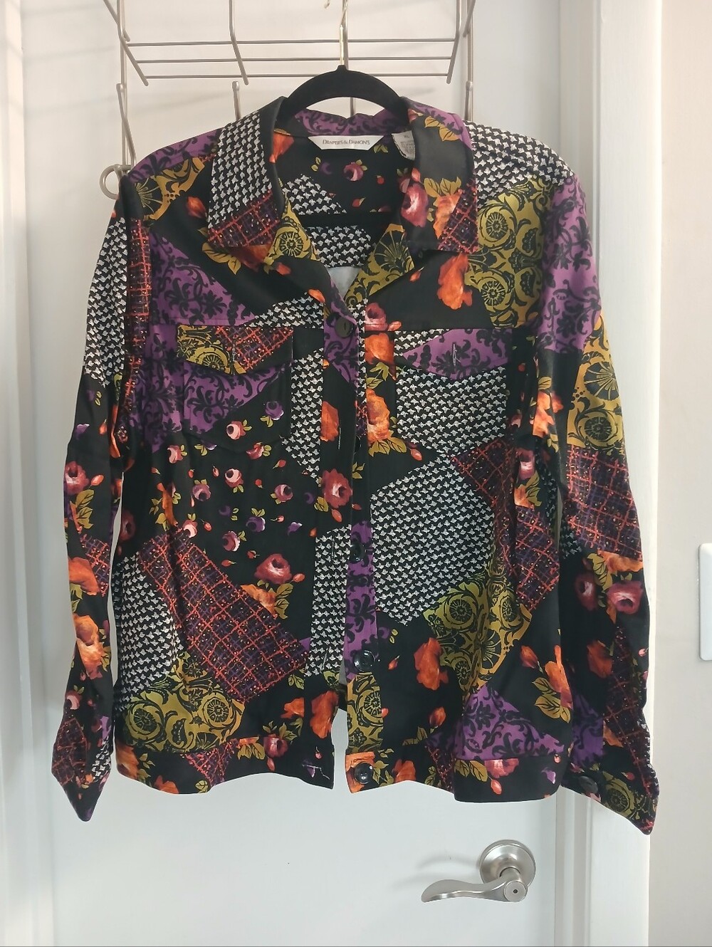 Purple Patchwork Button Front Denim Style Cotton Jacket XL